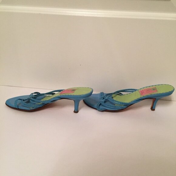 LILLY PULITZER SHOES HEELS 3.5” SANDAL BLUE LEATHER BRAIDED STRAP ITALY - Picture 3 of 6